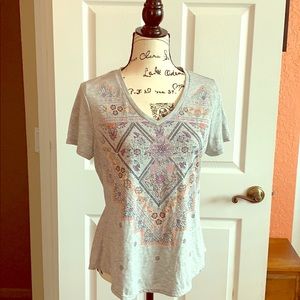 Time and Tru Gray/Purple/Coral Flowers Top